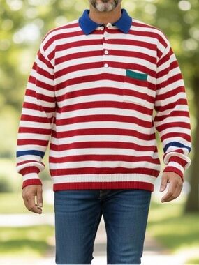Vtg 80’s Pringle of Scotland Knit Polo Sweater Red White Stripe Retro Preppy XL